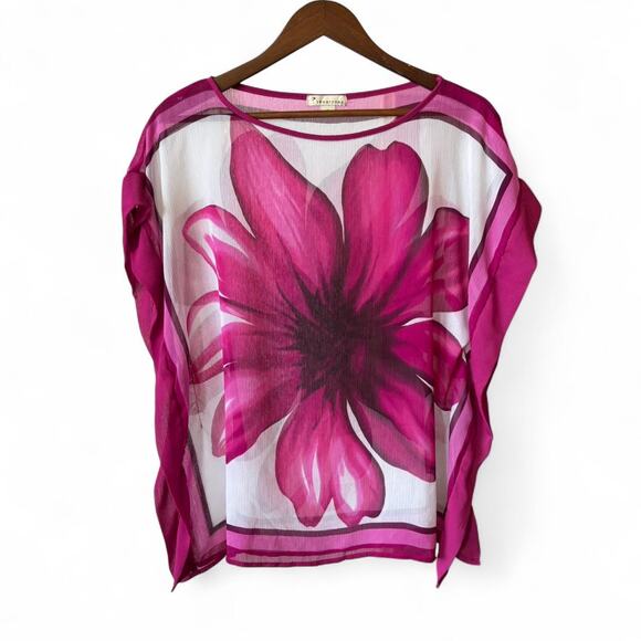 Forever 21 Tops - Y2K Pink Lily Graphic Tunic Sheer White Top 2000s Boho Fairycore Small